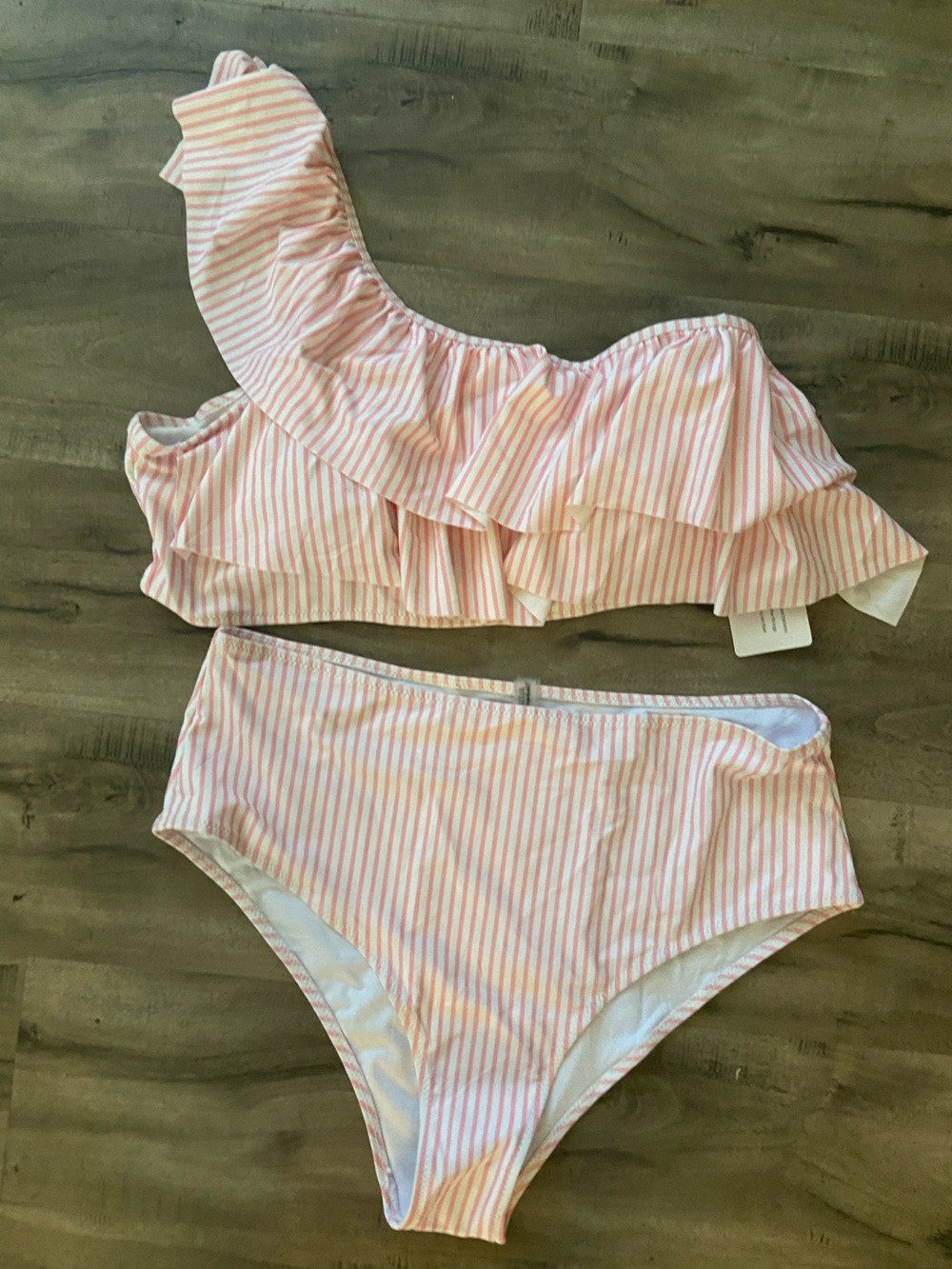 Pink & White Striped Ruffle Bikini Set
